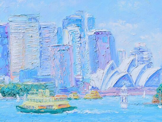 Textured, impressionist oil painting of the Sydney Opera House and a ferry crossing Sydney Harbour. Sydney city skyline in the distance. 