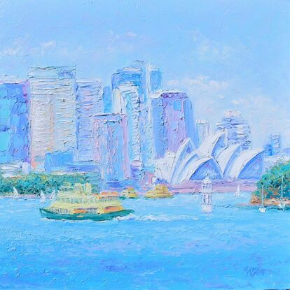 Textured, impressionist oil painting of the Sydney Opera House and a ferry crossing Sydney Harbour. Sydney city skyline in the distance. 