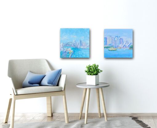 Textured, impressionist oil painting of the Sydney Opera House and a ferry crossing Sydney Harbour. Sydney city skyline in the distance. 