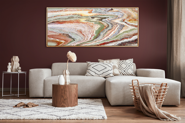  ABSTRACT painting of flowing colours: golds, light golds, ochre, chocolate, royal purple, pink, beige.
It has incredible depth while evoking a feeling of peace!
The closer you get to the painting the more of the interesting details and patterns you can see. Metallics add an extra depth because the painting changes personality when one views from different angles. The sage green adds an extra strip of class!