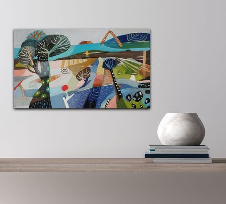 A whimsical decorative abstract landscape with  mountains, trees and rocks.
