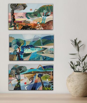 A whimsical decorative abstract landscape with  mountains, trees and rocks.
