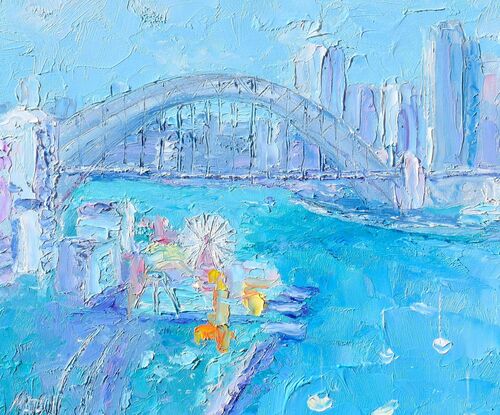 An impressionist oil painting of Sydney Harbour, the Bridge, Luna Park and Sydney skyline. The Sydney scene was painted soft blues with a palette knife for a thick textured artwork. 