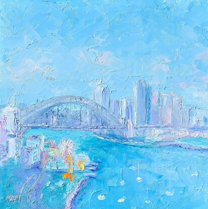 An impressionist oil painting of Sydney Harbour, the Bridge, Luna Park and Sydney skyline. The Sydney scene was painted soft blues with a palette knife for a thick textured artwork. 