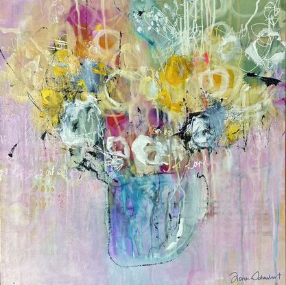 A mostly pale pink background with subtle under layers of drips is a happy background to the abstract expressionism, base of flowers in colours of pink, red,  yellow and white with some dark grey, gritty detailing. 