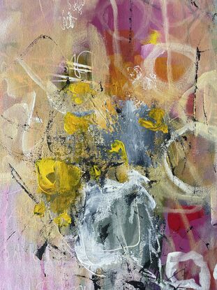 A mostly pale pink background with subtle under layers of drips is a happy background to the abstract expressionism, base of flowers in colours of pink, red,  yellow and white with some dark grey, gritty detailing. 