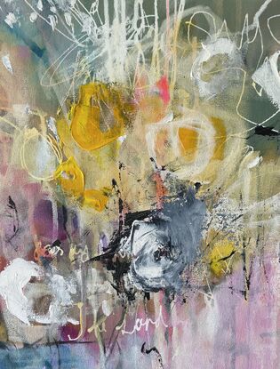 A mostly pale pink background with subtle under layers of drips is a happy background to the abstract expressionism, base of flowers in colours of pink, red,  yellow and white with some dark grey, gritty detailing. 