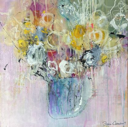 A mostly pale pink background with subtle under layers of drips is a happy background to the abstract expressionism, base of flowers in colours of pink, red,  yellow and white with some dark grey, gritty detailing. 