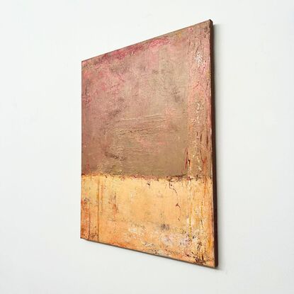 A shades-of-brown layered abstract painting, with hints of reds, oranges and other colours.