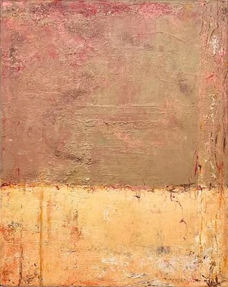 A shades-of-brown layered abstract painting, with hints of reds, oranges and other colours.