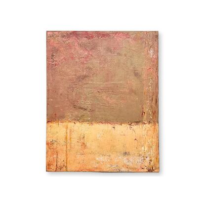 A shades-of-brown layered abstract painting, with hints of reds, oranges and other colours.