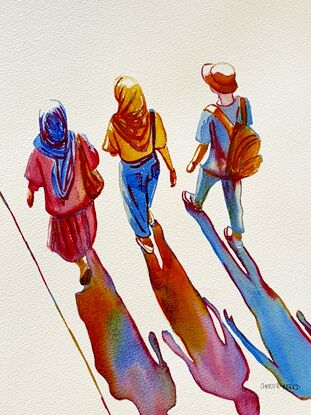 "Light in Leisure" by Christine Beard beautifully captures a moment of urban tranquility as three figures walk together, casting colorful shadows in the sunlight. The watercolor technique, combined with Beard's keen eye for vibrant hues, creates a sense of warmth and connection. The simplicity of the scene is elevated by the dynamic interplay of light and shadow, making this artwork a compelling representation of everyday life. This piece resonates with themes of companionship and the beauty found in ordinary moments, offering a visually engaging addition to any art collection.





