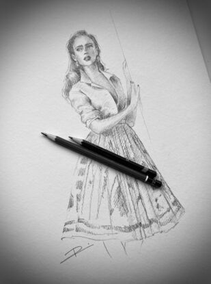 Pencil sketch of a woman leaning against a wall with a dreamy look in her eyes. She wears a Prada skirt.