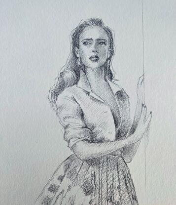 Pencil sketch of a woman leaning against a wall with a dreamy look in her eyes. She wears a Prada skirt.