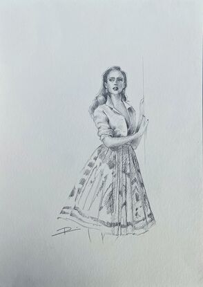 Pencil sketch of a woman leaning against a wall with a dreamy look in her eyes. She wears a Prada skirt.