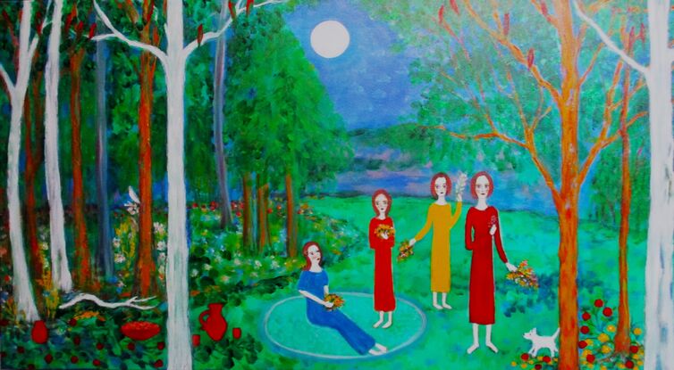 Women long for  peaceful gentle places to commune with nature  in order to rest and heal
I have painted this colouful work to give the feeling of the benefits of being in nature
so you can  immerse yourself in the beauty and tranquility of these sacred places
the painting has a spiritual quality and a simple yet charming style. 
Enjoy!