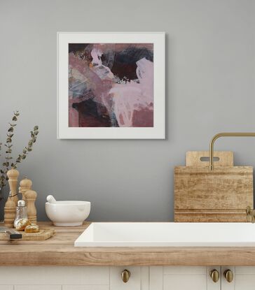 Vibrant abstract painting featuring pink hues, capturing the essence of blooming gardens in soft, dynamic strokes.  