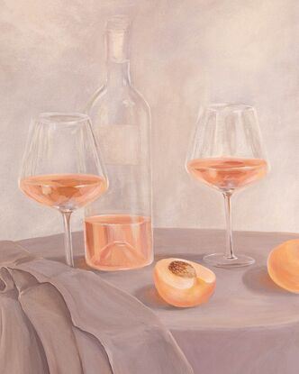 Acrylic painting on stretched canvas of a table scene with peaches, wine glasses and a bottle of rosé