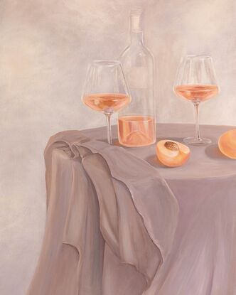 Acrylic painting on stretched canvas of a table scene with peaches, wine glasses and a bottle of rosé