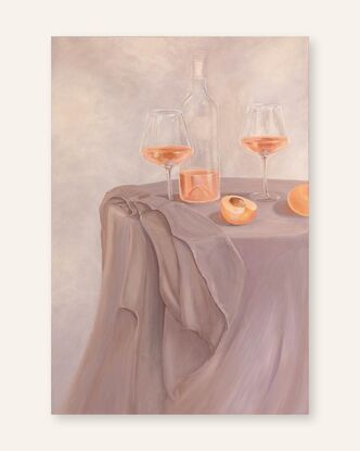 Acrylic painting on stretched canvas of a table scene with peaches, wine glasses and a bottle of rosé