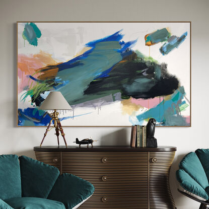 neutral and subtle pinks and apricot, orange tones blended with areas of blush, sage, grey, white and black expressive marks across an extra large canvas