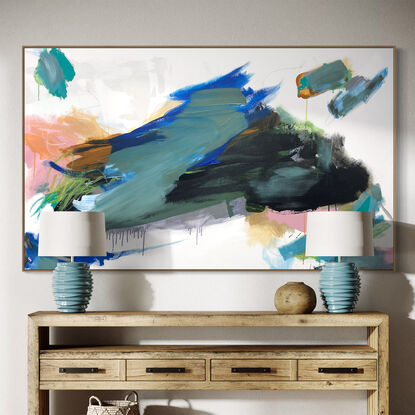 neutral and subtle pinks and apricot, orange tones blended with areas of blush, sage, grey, white and black expressive marks across an extra large canvas