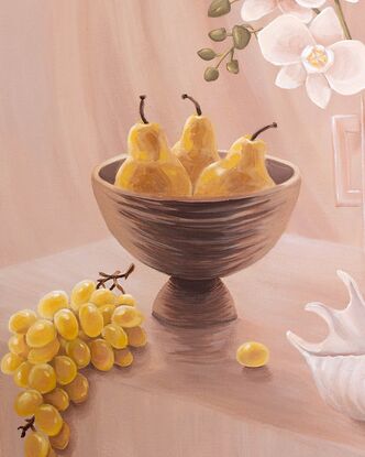 Vibrant yellow grapes cascade over the edge of a bench, leading your eye to three luscious pears placed delicately in a bowl. In the foreground, a seashell adds an unexpected coastal touch, while in the background, a glass vase and graceful orchids, infuse the scene with a touch of elegance.