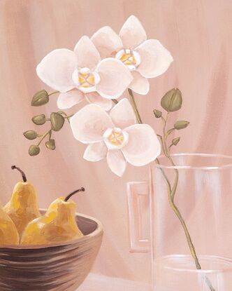 Vibrant yellow grapes cascade over the edge of a bench, leading your eye to three luscious pears placed delicately in a bowl. In the foreground, a seashell adds an unexpected coastal touch, while in the background, a glass vase and graceful orchids, infuse the scene with a touch of elegance.