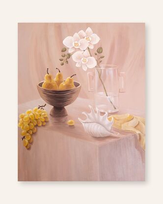 Vibrant yellow grapes cascade over the edge of a bench, leading your eye to three luscious pears placed delicately in a bowl. In the foreground, a seashell adds an unexpected coastal touch, while in the background, a glass vase and graceful orchids, infuse the scene with a touch of elegance.