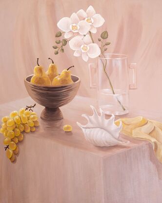 Vibrant yellow grapes cascade over the edge of a bench, leading your eye to three luscious pears placed delicately in a bowl. In the foreground, a seashell adds an unexpected coastal touch, while in the background, a glass vase and graceful orchids, infuse the scene with a touch of elegance.