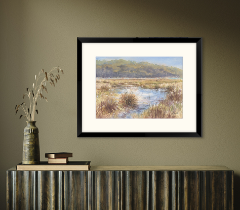 Golden long grasses in the marshes of Burrill Lake with trees in the distance.