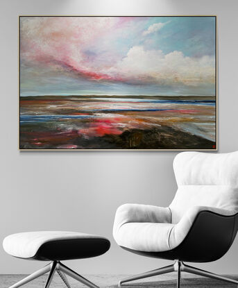 Colourful Textured landscape with fluffy vibrant hot pink, white and blue fluffy clouds above a sunset filled landscape with blue water flowing through.