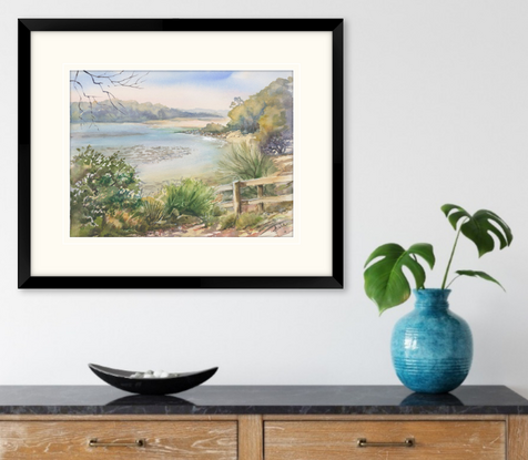 A peacefully serene scene of Narrawallee inlet with the water at half tide, timber steps in the left hand corner and vegetation in the foreground.