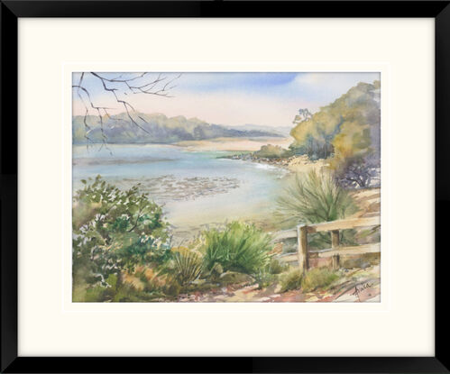 A peacefully serene scene of Narrawallee inlet with the water at half tide, timber steps in the left hand corner and vegetation in the foreground.