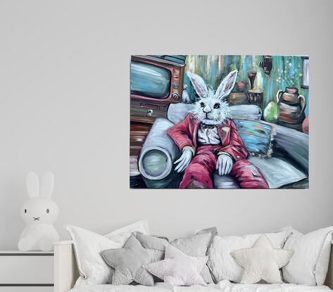  Distinguished Rabbit 

Step into the whimsical world of "Distinguished Rabbit," where a bunny rabbit in a red suit and white gloves sits relaxed in a grey armchair. 

With his head full of fluffy fur and big pointy ears, he gazes into the distance, lost in deep thoughts of carrot conspiracies and garden adventures. 

The blue cushion behind him adds a pop of color to his otherwise serious demeanor.

Behind the chair, an old antique TV rests on a dresser, but sophisticated rabbit couldn't care less about its vintage charm. 

Decorative vases and an old camera hanging add to the scene's nostalgic flair, making you wonder if this dapper bunny moonlights as an art collector or a secret agent. 

This piece is a delightful blend of elegance and whimsy, perfect for anyone who appreciates a touch of humour in their art. 

Let "Distinguished Rabbit" bring a smile to your face and a touch of class to your space.
