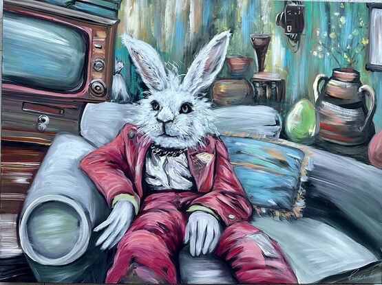  Distinguished Rabbit 

Step into the whimsical world of "Distinguished Rabbit," where a bunny rabbit in a red suit and white gloves sits relaxed in a grey armchair. 

With his head full of fluffy fur and big pointy ears, he gazes into the distance, lost in deep thoughts of carrot conspiracies and garden adventures. 

The blue cushion behind him adds a pop of color to his otherwise serious demeanor.

Behind the chair, an old antique TV rests on a dresser, but sophisticated rabbit couldn't care less about its vintage charm. 

Decorative vases and an old camera hanging add to the scene's nostalgic flair, making you wonder if this dapper bunny moonlights as an art collector or a secret agent. 

This piece is a delightful blend of elegance and whimsy, perfect for anyone who appreciates a touch of humour in their art. 

Let "Distinguished Rabbit" bring a smile to your face and a touch of class to your space.
