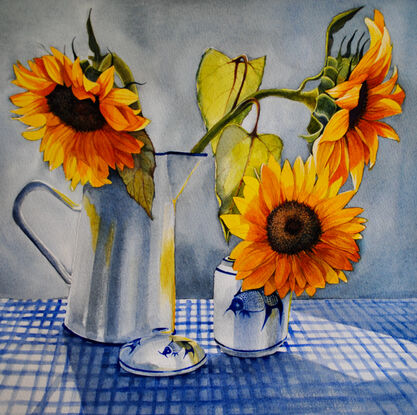 Three sunflowers in a day jug and Chinese pot.