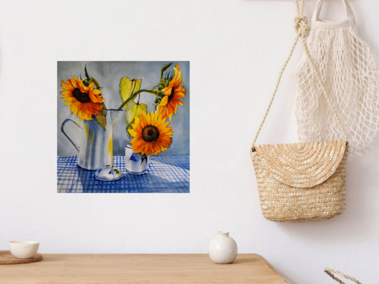 Three sunflowers in a day jug and Chinese pot.