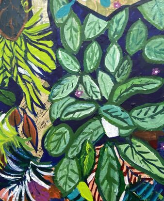 A mixture of brightly coloured leaves from orange and deep green with pink splashes, this is a jungle of leaves growing and climbing in harmony across the canvas. Painted areas and printed botanical pieces that pop through in a harmony the painting continues around the sides so no frame is required. 