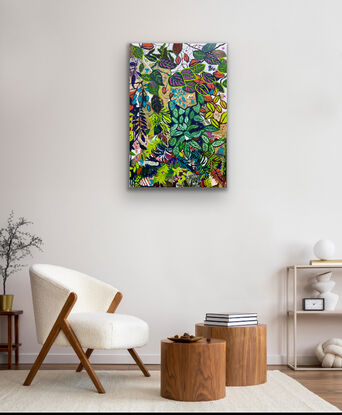 A mixture of brightly coloured leaves from orange and deep green with pink splashes, this is a jungle of leaves growing and climbing in harmony across the canvas. Painted areas and printed botanical pieces that pop through in a harmony the painting continues around the sides so no frame is required. 