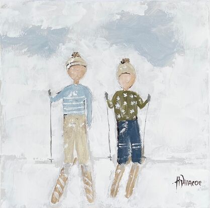 Figurative painting featuring two young children skiing.