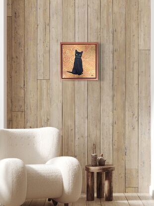 This beautiful black cat is made with acrylic black and a touch of burgundy to lighting his fur .
The background is metal leaf with a special varnish to protect the painting. Hope you like black cat ..this painting is framed and tainted with a burnished copper colour .
Each painting is provided with a certificate of authenticity.
Wrapped securely with bubble layers and thick cardboard.