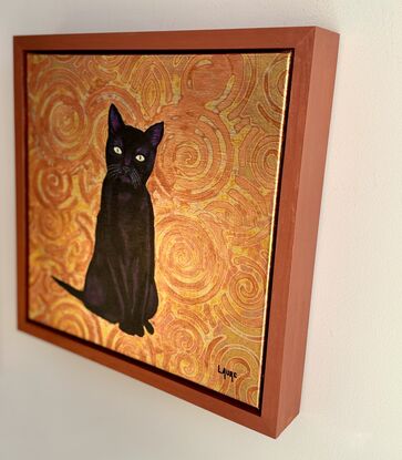 This beautiful black cat is made with acrylic black and a touch of burgundy to lighting his fur .
The background is metal leaf with a special varnish to protect the painting. Hope you like black cat ..this painting is framed and tainted with a burnished copper colour .
Each painting is provided with a certificate of authenticity.
Wrapped securely with bubble layers and thick cardboard.