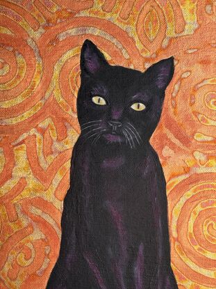 This beautiful black cat is made with acrylic black and a touch of burgundy to lighting his fur .
The background is metal leaf with a special varnish to protect the painting. Hope you like black cat ..this painting is framed and tainted with a burnished copper colour .
Each painting is provided with a certificate of authenticity.
Wrapped securely with bubble layers and thick cardboard.