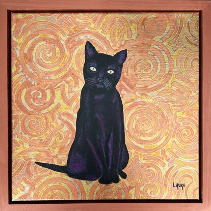 This beautiful black cat is made with acrylic black and a touch of burgundy to lighting his fur .
The background is metal leaf with a special varnish to protect the painting. Hope you like black cat ..this painting is framed and tainted with a burnished copper colour .
Each painting is provided with a certificate of authenticity.
Wrapped securely with bubble layers and thick cardboard.