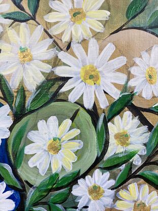 Gold vase full of white daisies. 