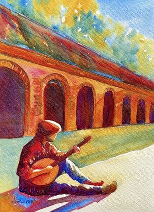 "Melodies in the Sun" by Christine Beard is a vibrant watercolor painting that captures the peaceful solitude of a street musician immersed in his music. Set against the backdrop of sunlit arches, this artwork beautifully combines the warm, rich tones of the architecture with the soft, diffused light of the afternoon sun. The musician's serene expression and the play of light and shadow create a harmonious and contemplative atmosphere, making this piece a perfect addition for those who appreciate the intersection of art, music, and urban life.




