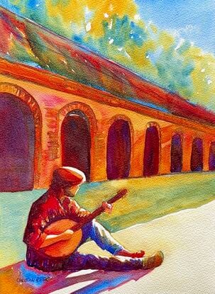 "Melodies in the Sun" by Christine Beard is a vibrant watercolor painting that captures the peaceful solitude of a street musician immersed in his music. Set against the backdrop of sunlit arches, this artwork beautifully combines the warm, rich tones of the architecture with the soft, diffused light of the afternoon sun. The musician's serene expression and the play of light and shadow create a harmonious and contemplative atmosphere, making this piece a perfect addition for those who appreciate the intersection of art, music, and urban life.




