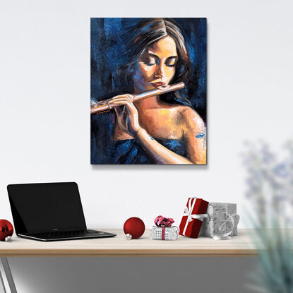 Portrait painting about a flutist who enjoys playing music with a flute