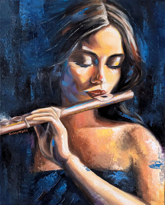 Portrait painting about a flutist who enjoys playing music with a flute